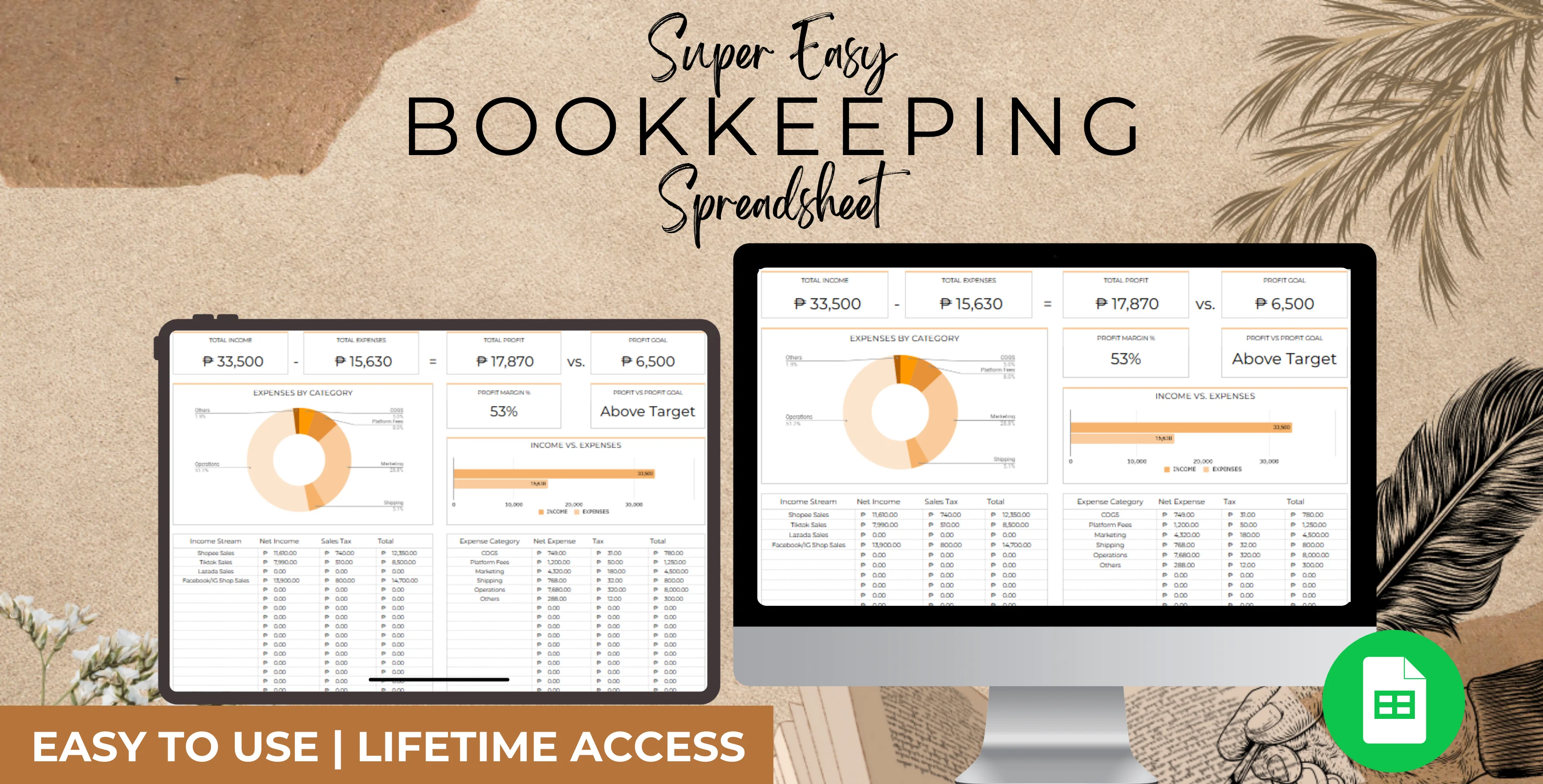 Super Easy Bookkeeping Spreadsheet Google Sheets – All-in-One Income & Expense Tracker + Dashboard