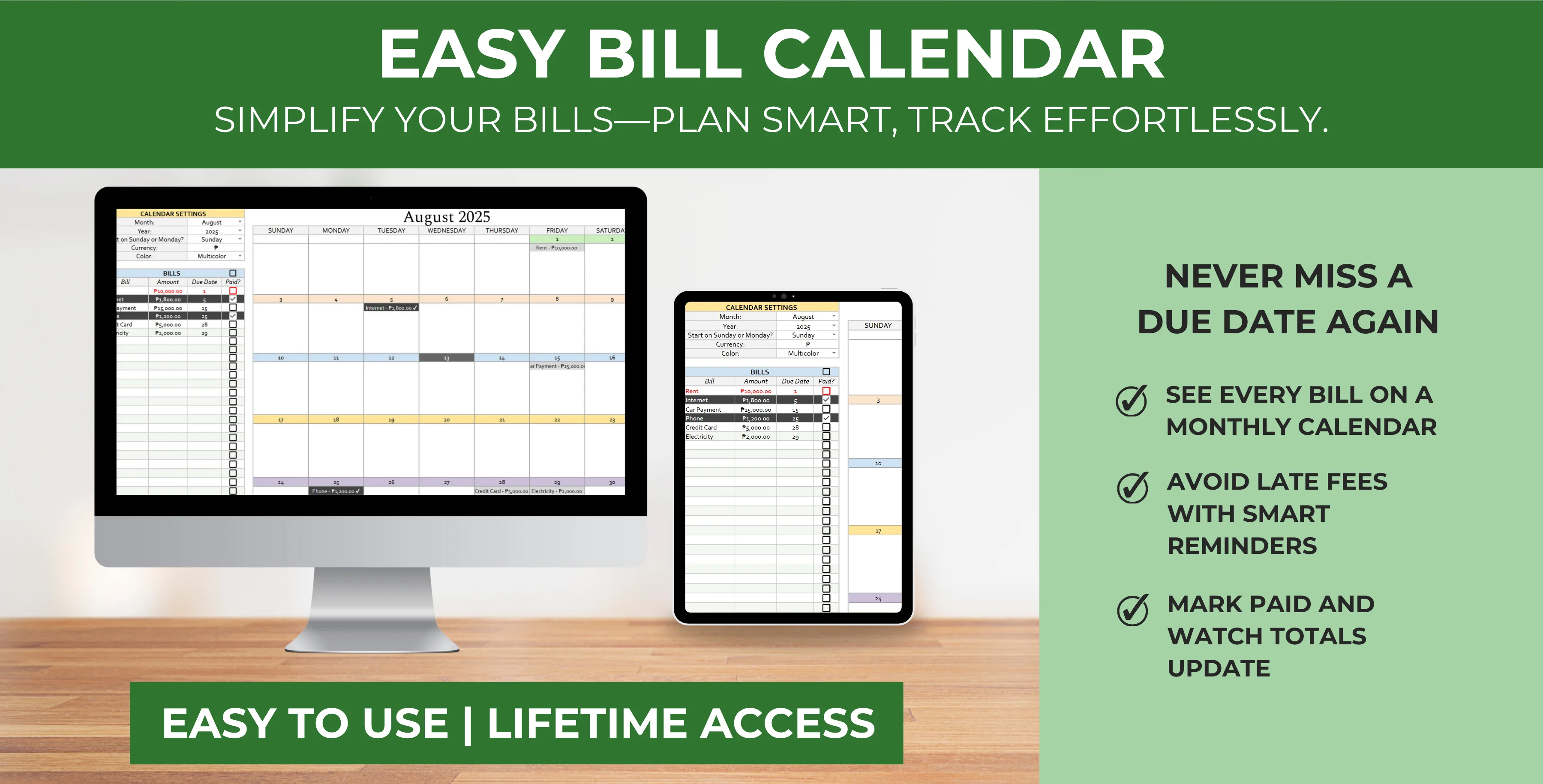 Easy Bill Calendar – Monthly Bill Tracker & Payment Schedule Spreadsheet for Google Sheets & Excel