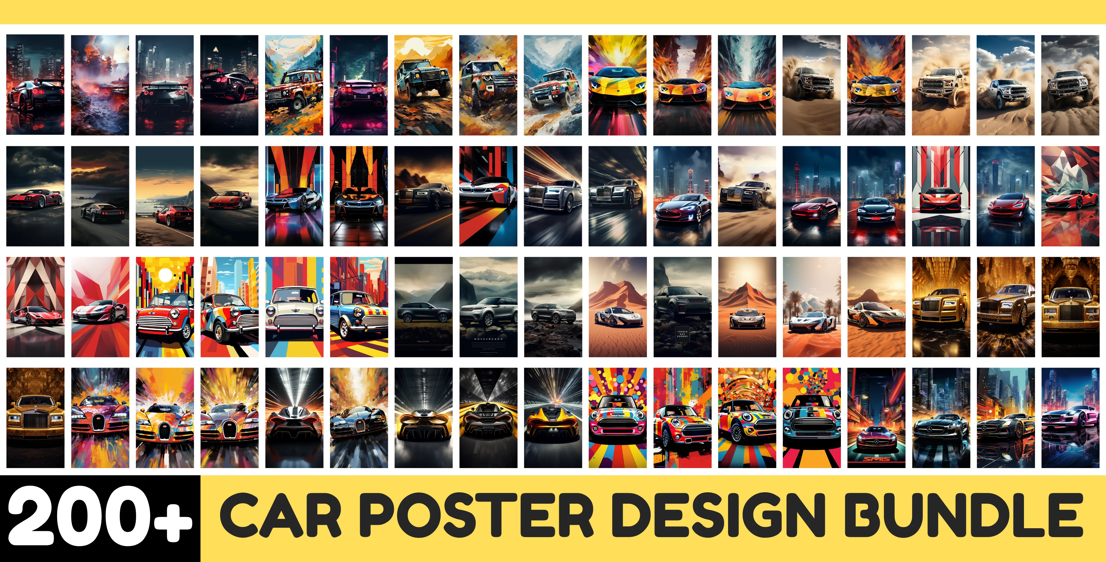 200+ Car Poster Design Bundle – Sport, Classic & Off-Road Auto Art