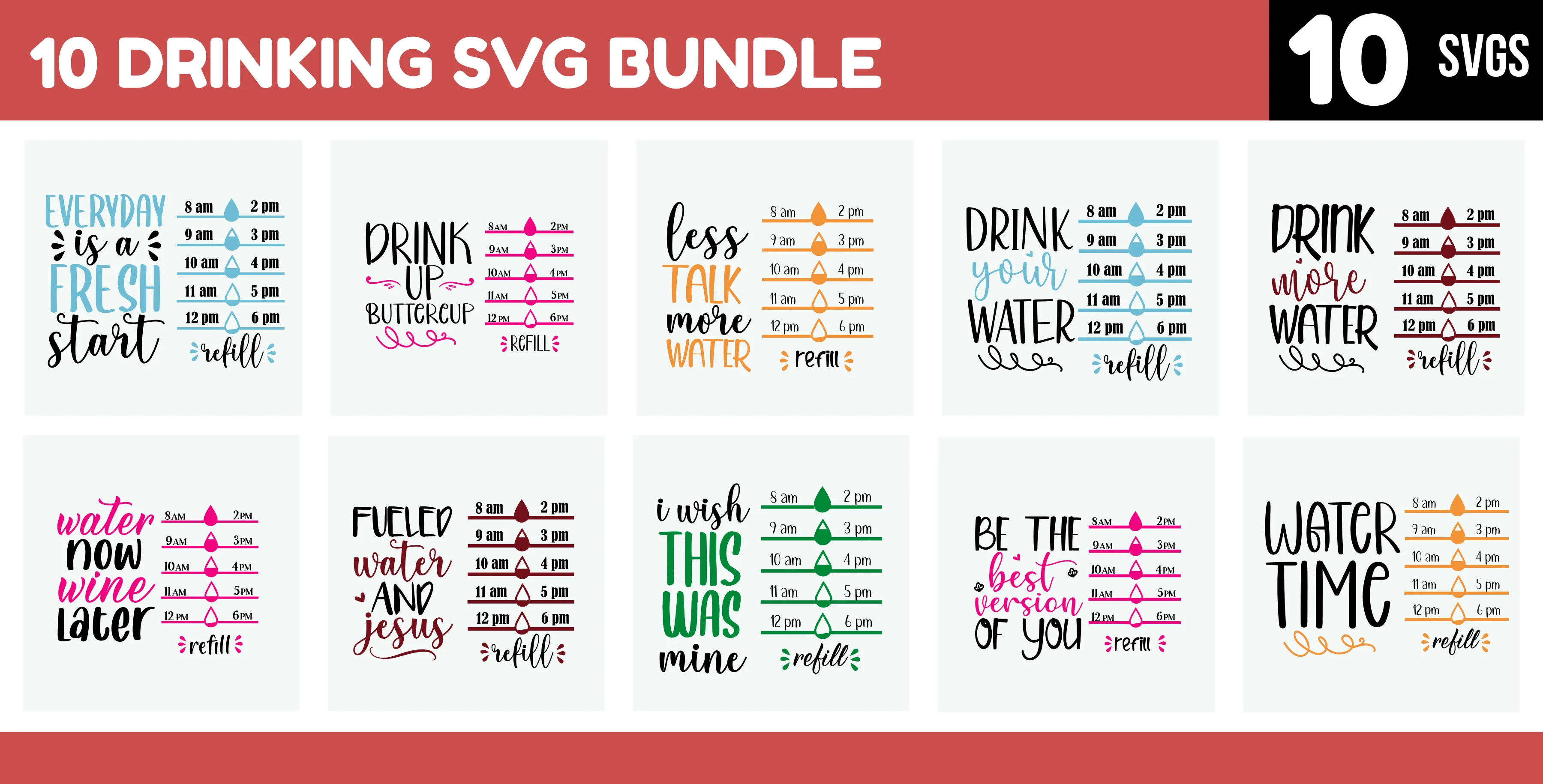 10 Hydration Quotes SVG Bundle – Water Bottle Time-Tracker Labels