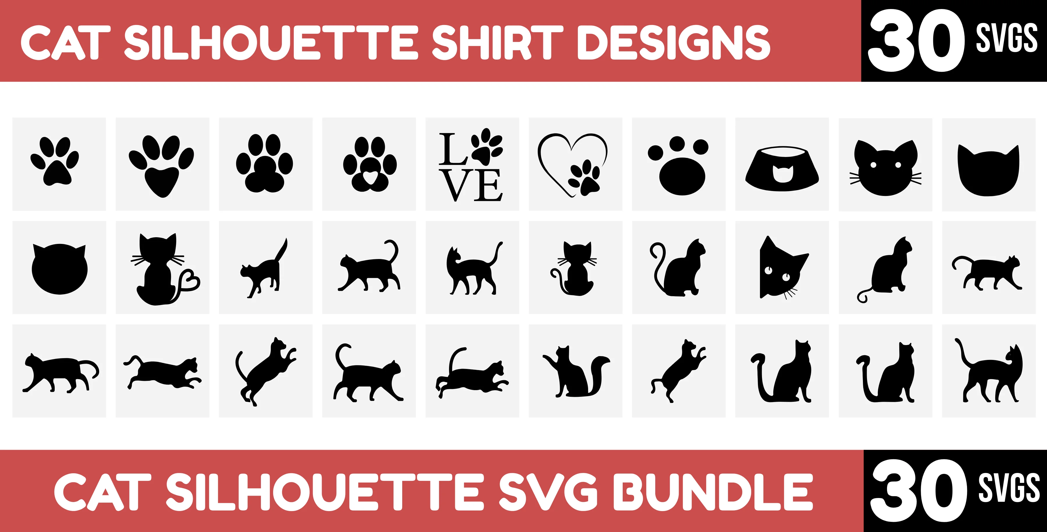 30 Cat Silhouette SVG Bundle – Paw Prints, Kitties & Minimal Icons
