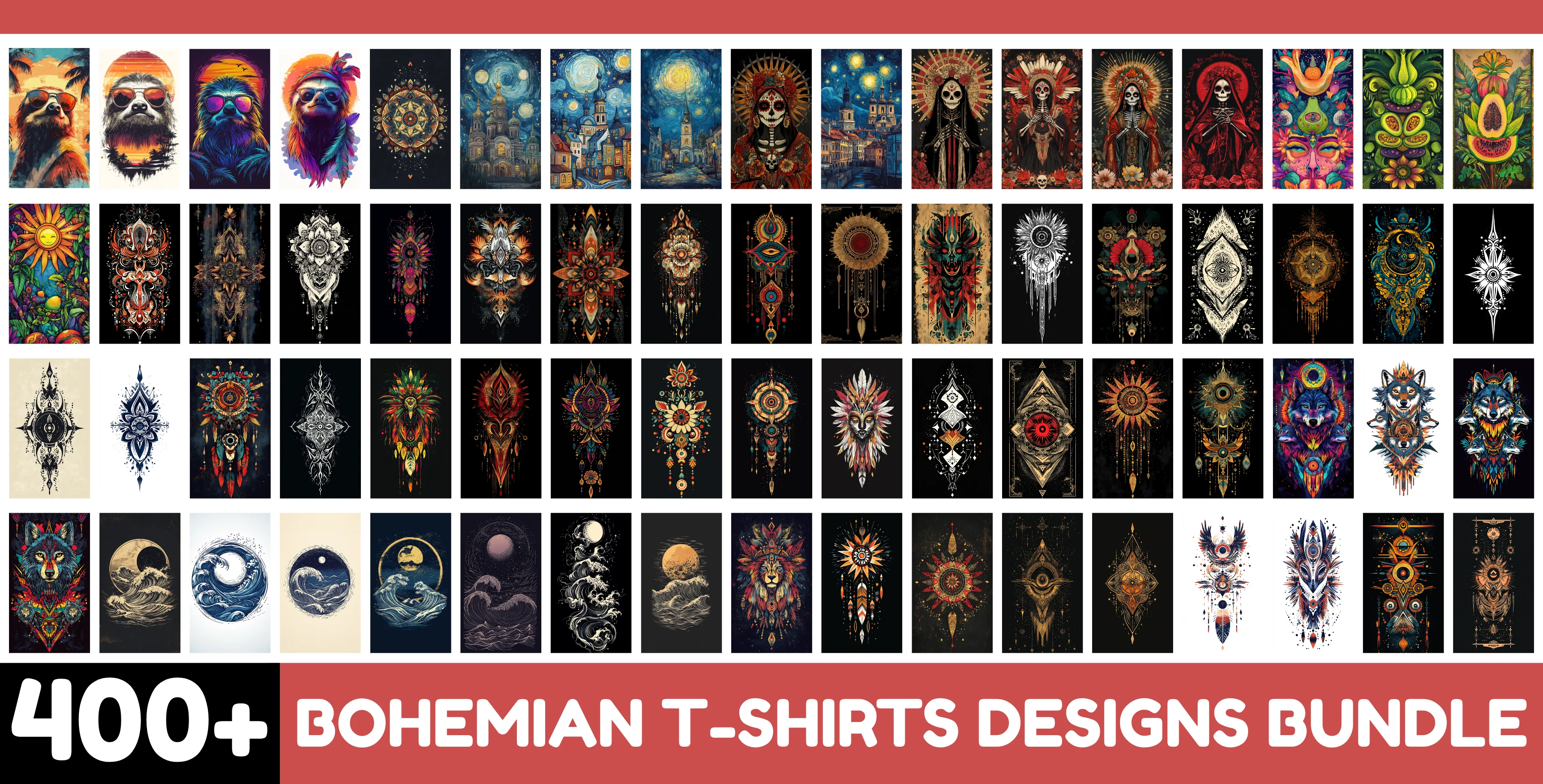 400+ Bohemian T-Shirt Designs Bundle – Boho Mandala, Celestial, Dreamcatcher & Tribal Art