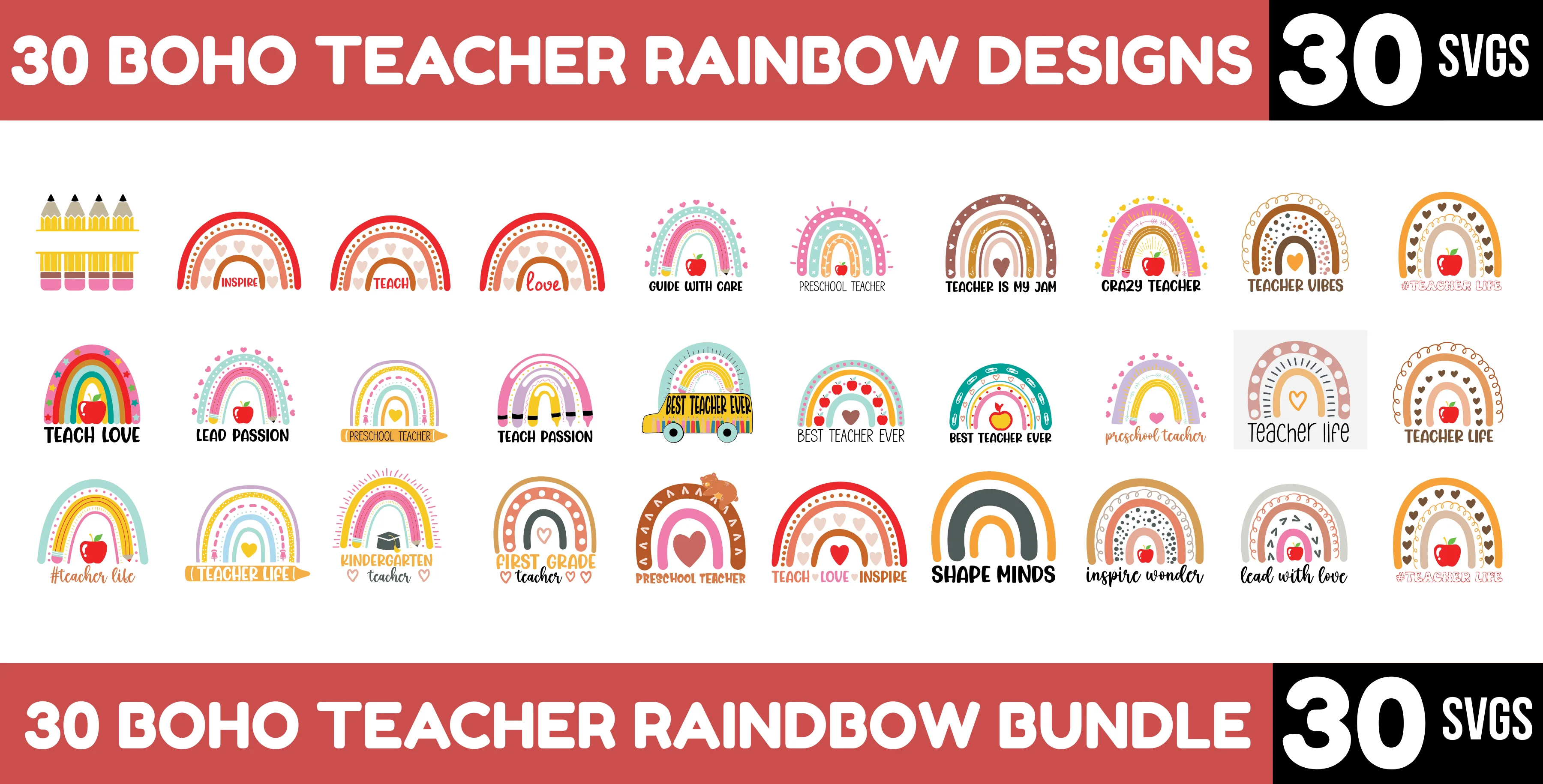 30 Boho Teacher Rainbow SVG Bundle – Cute Classroom Quotes & Labels
