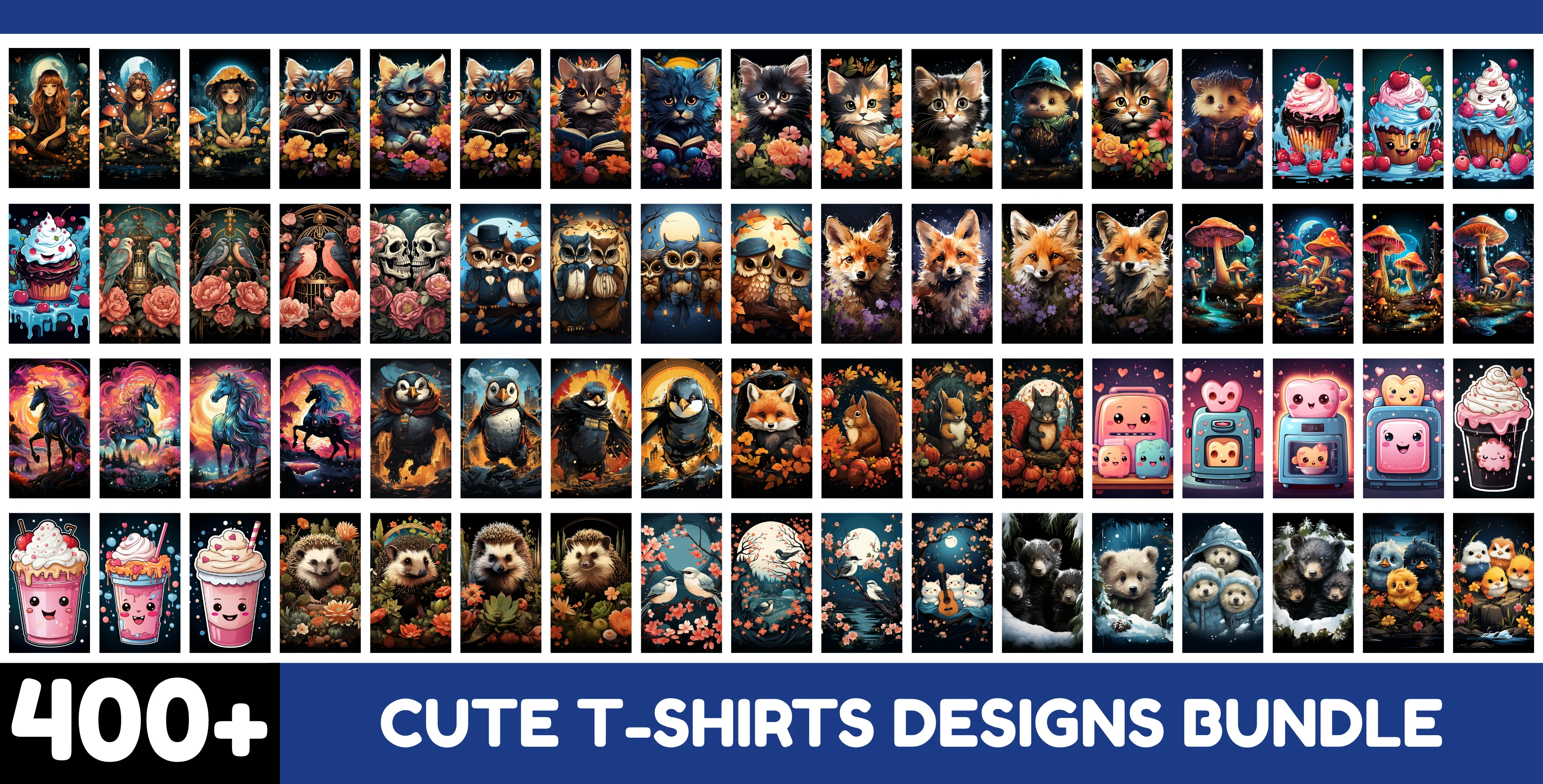 400+ Cute T-Shirt Designs Bundle – Cats, Foxes, Owls, Unicorns & More! (Print-on-Demand Ready)