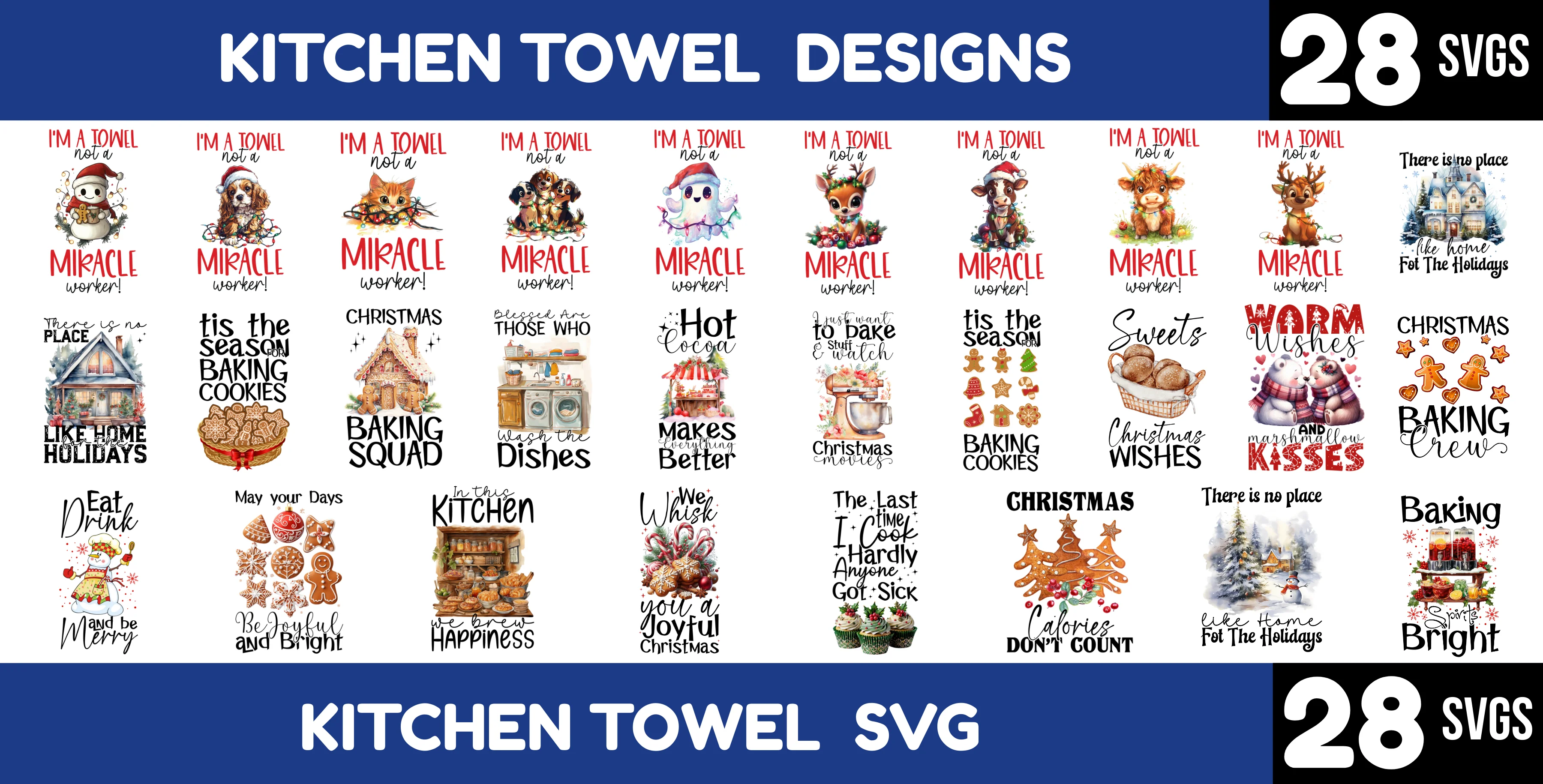 28 Christmas Kitchen Towel SVG Bundle - Holiday Sayings