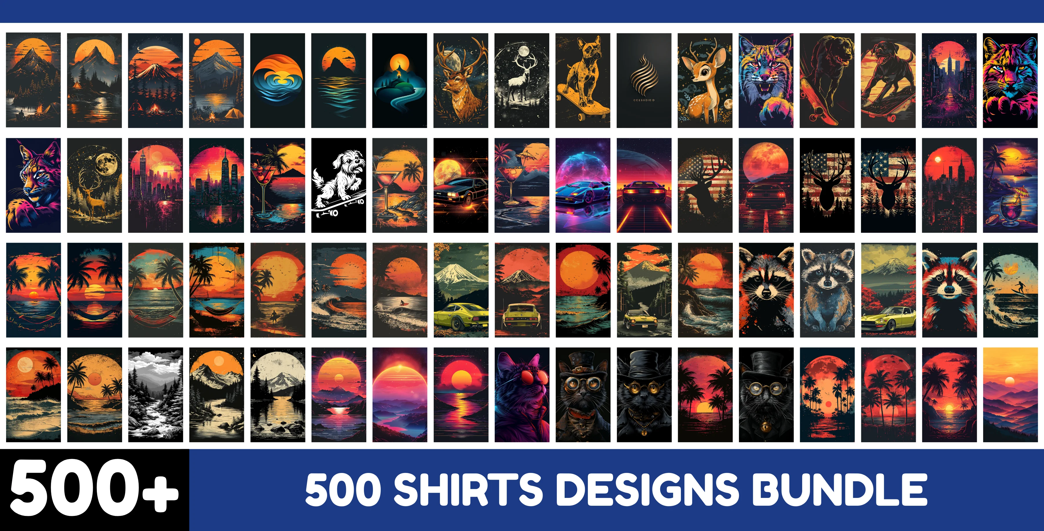 500+ Mega T-Shirt Design SVG Bundle - Sunset, Retro, and Vintage Art