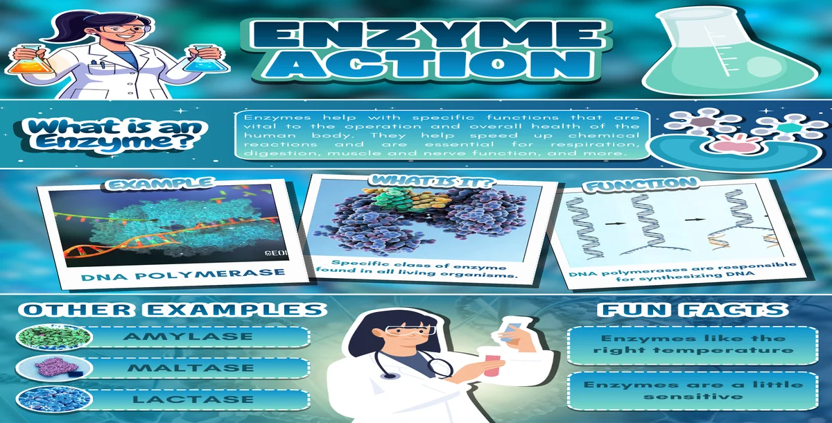 Blue and Green Illustrated Enzyme Action Infographic (A4 Digital Poster)
