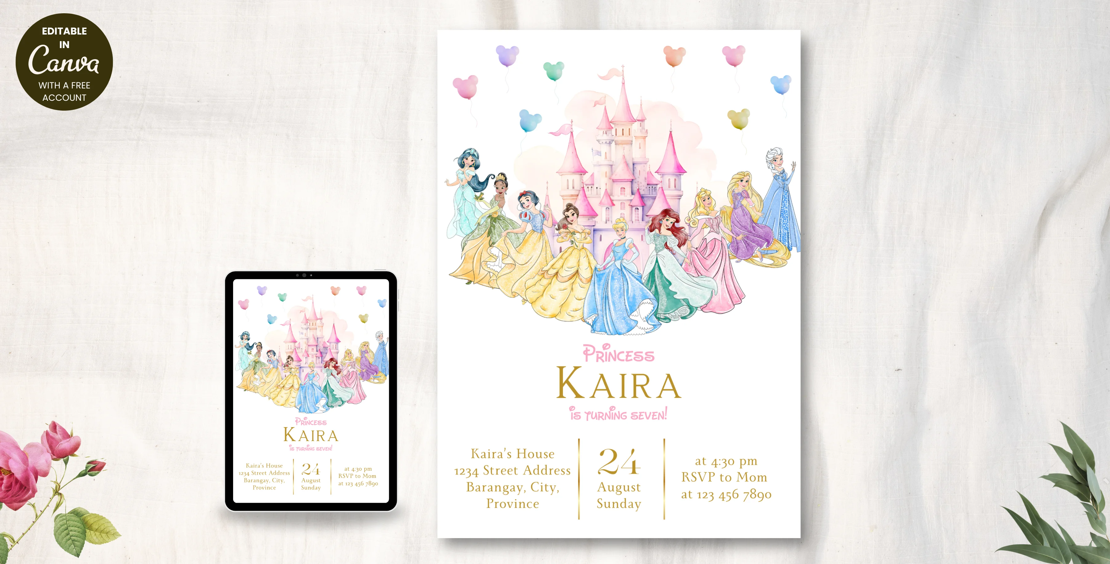 Watercolor Princess Birthday Invitation | Editable Canva Template | Instant Download