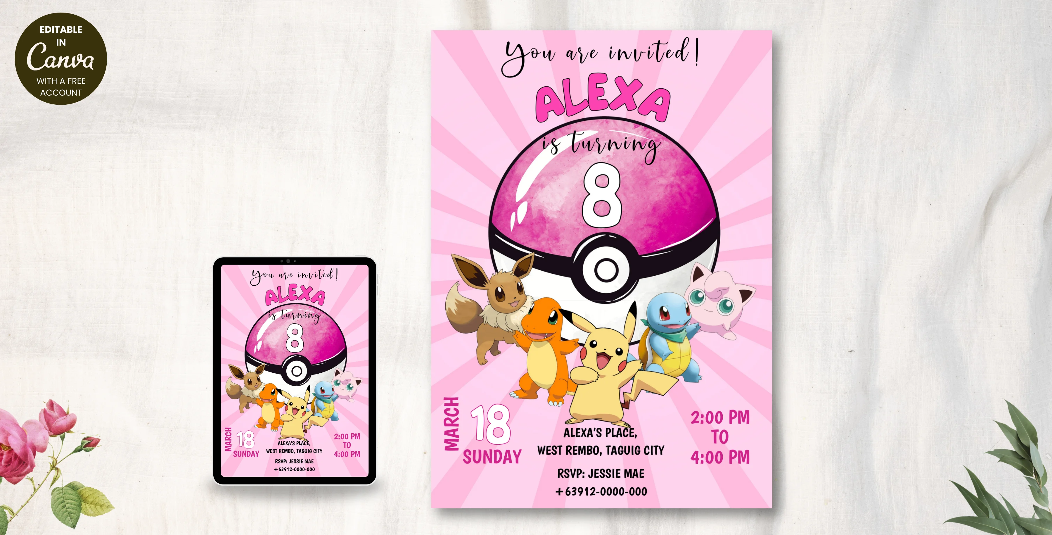 Pokemon Girl Birthday Invitation | Editable Canva Template | Instant Download