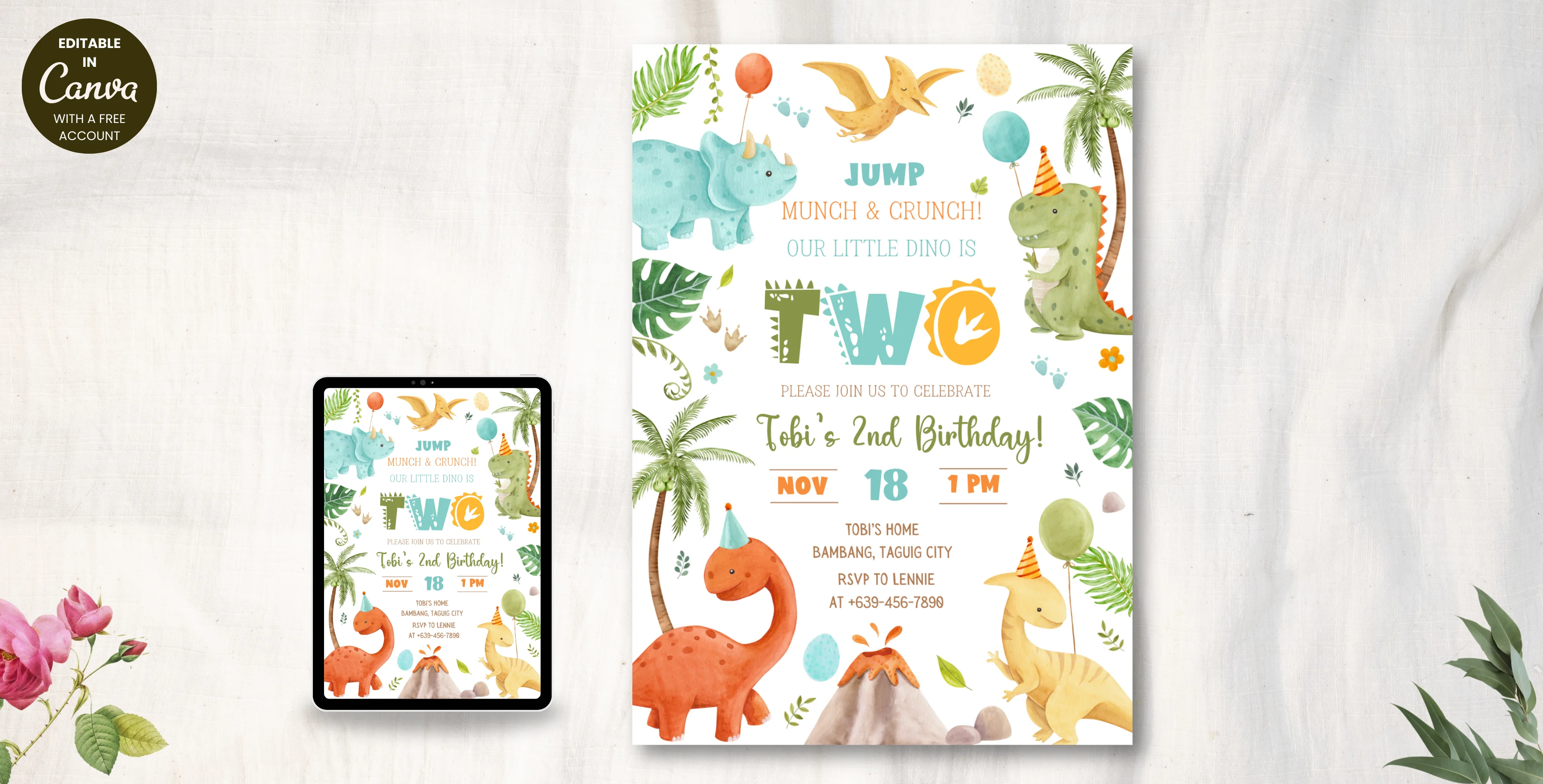 Dinosaur Boy Birthday Photo Invitation | Editable Canva Template | Instant Download