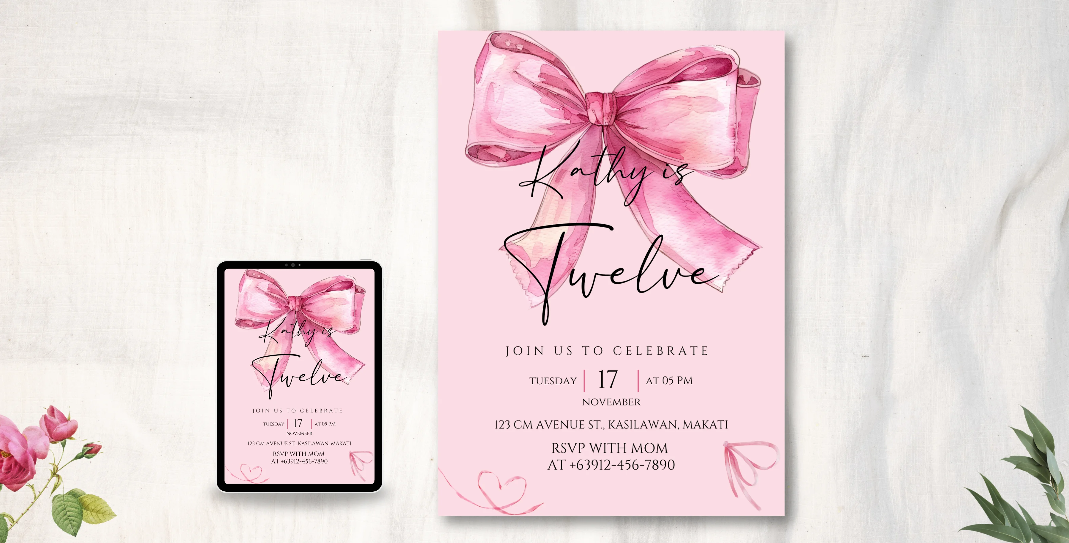 Pink Bow Coquette Birthday Girl Invitation | Editable Canva Template | Instant Download