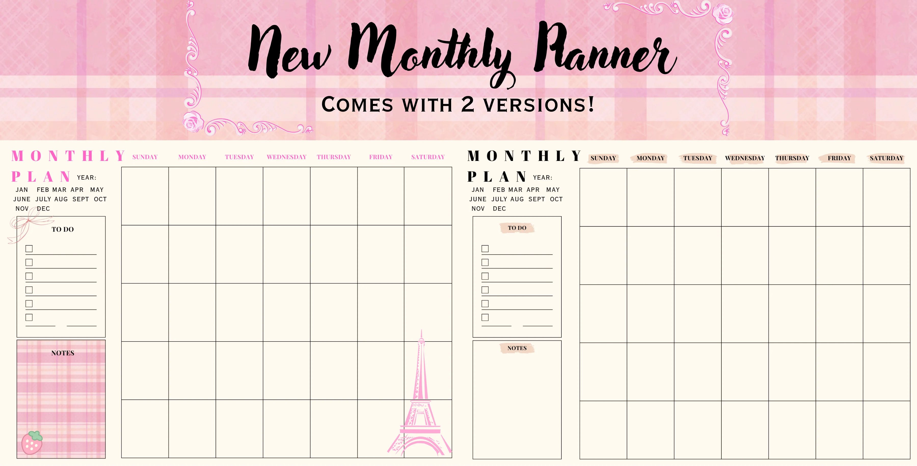 Pink Monthly Planner (Two Version)