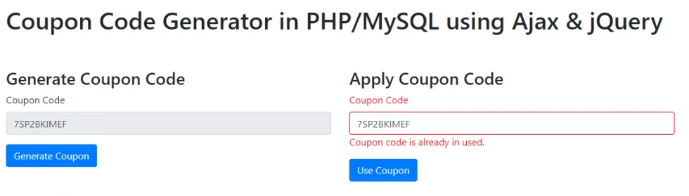 Coupon Code Generator in PHP and MySQL using Ajax and jQuery