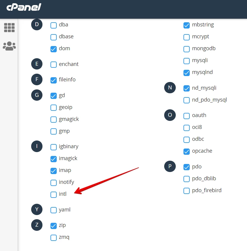 install intl extension using cpanel