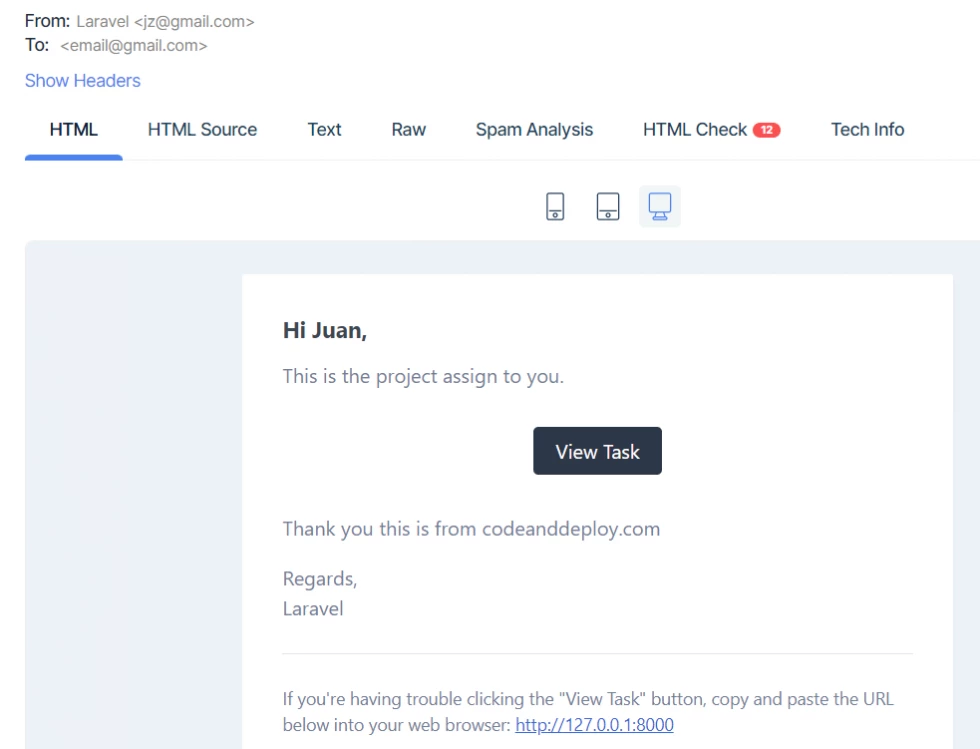 laravel email notification