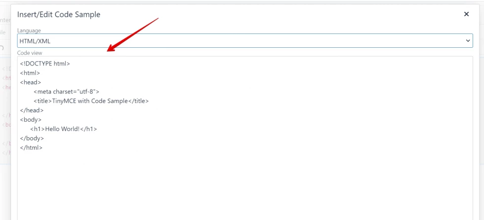 TinyMCE: Add code sample example
