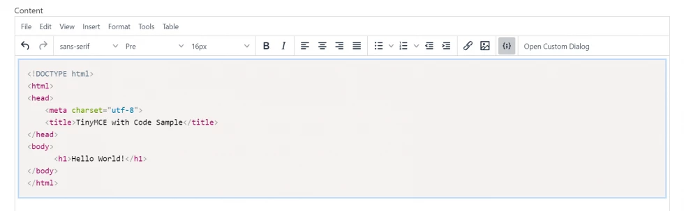 TinyMCE Add code sample