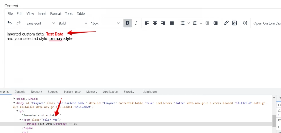TinyMCE: Add cusotm/content css example