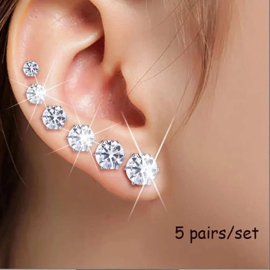 6/12 Pair White Cubic Zirconia Stainless Steel Stud Earrings