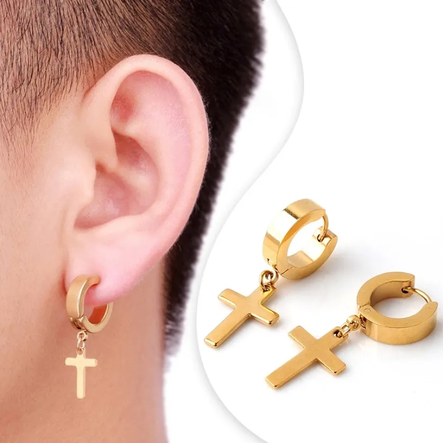 2pc Stainless Steel Men Cross Stars Punk Dangle Earrings