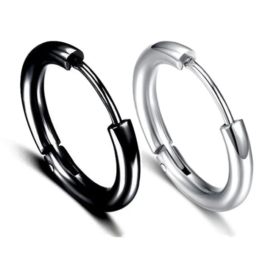 1 Pair 8/10/12/14mm Black Silver Stainless Steel Hoop Earrings