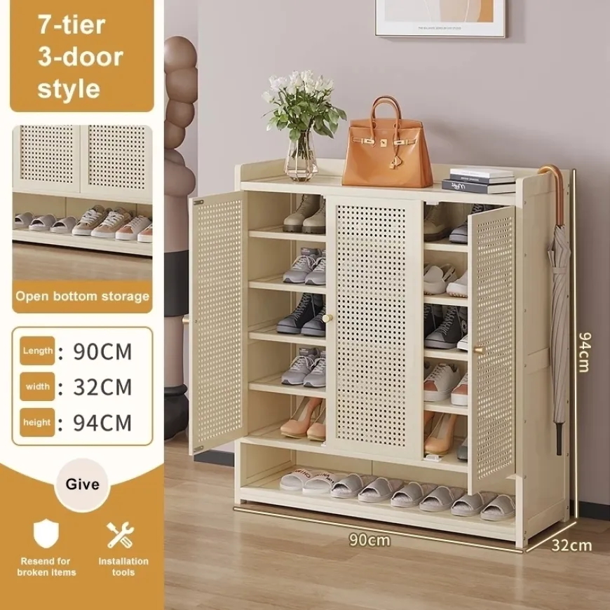 Large Capacity Bamboo Shoe Cabinet With Rattan Door
