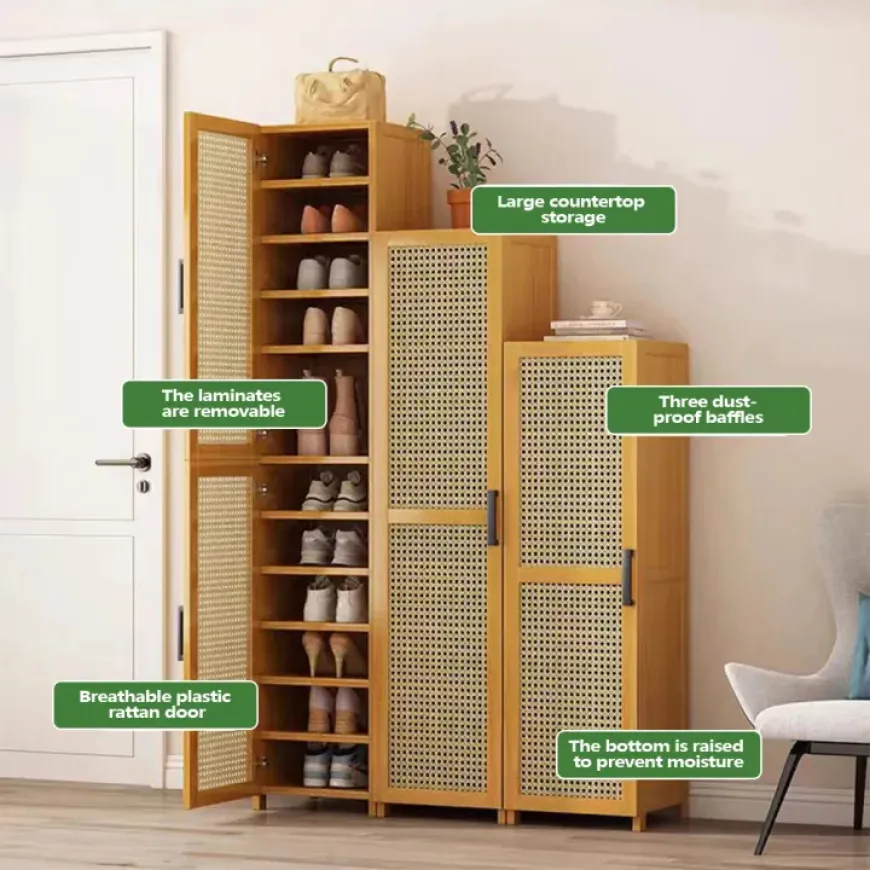 Bamboo Shoe/Bookshelf Cabinet With Cover Rattan Door